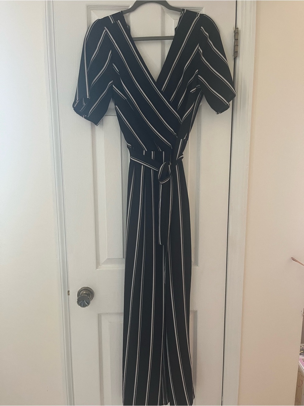 Trixxi Black and White Striped Wide-Leg Wrap Jumpsuit